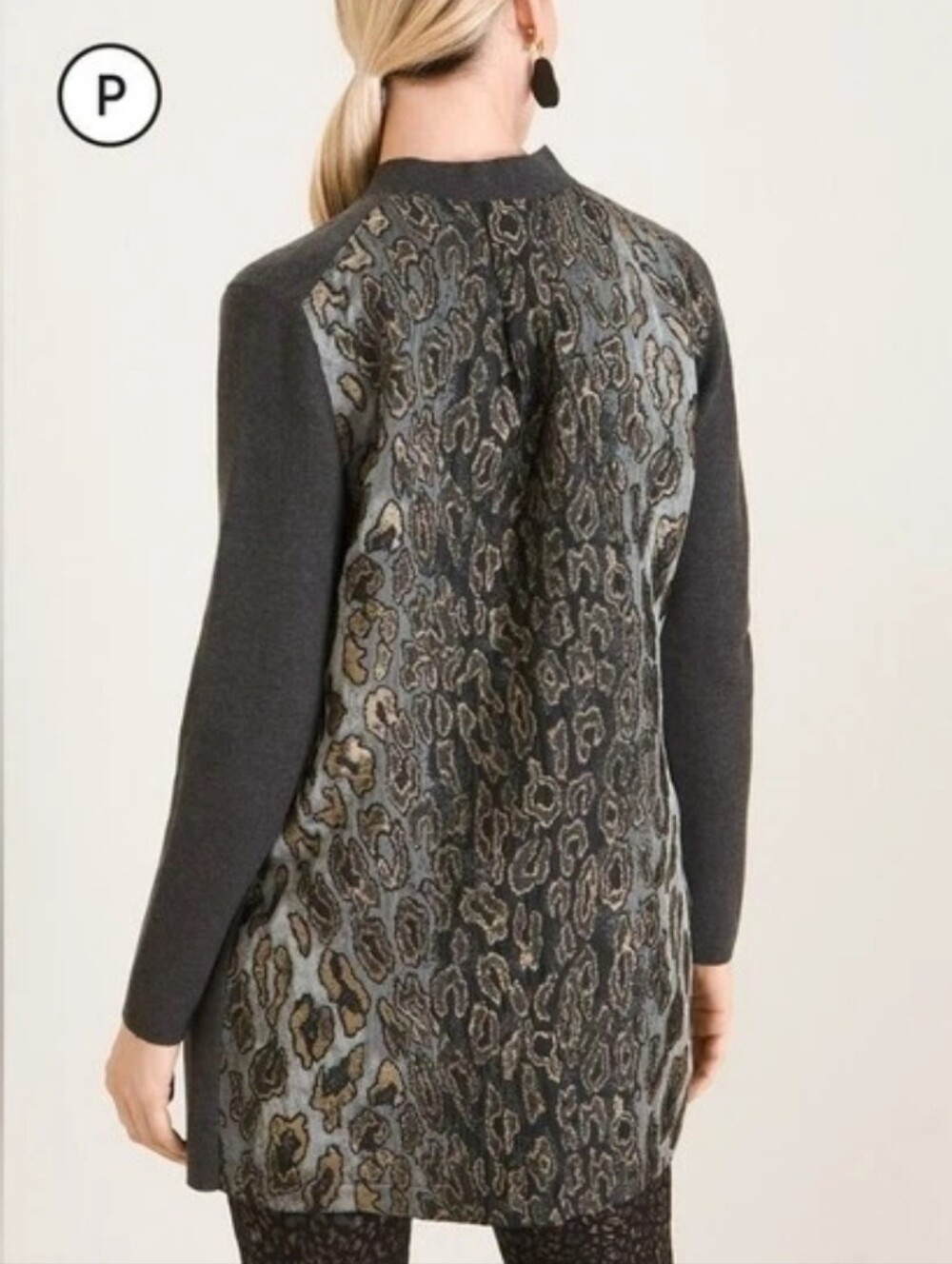 Chico's Animal Print Open Front Gray Knit Duster Cardigan. Chico's size 3 US XL